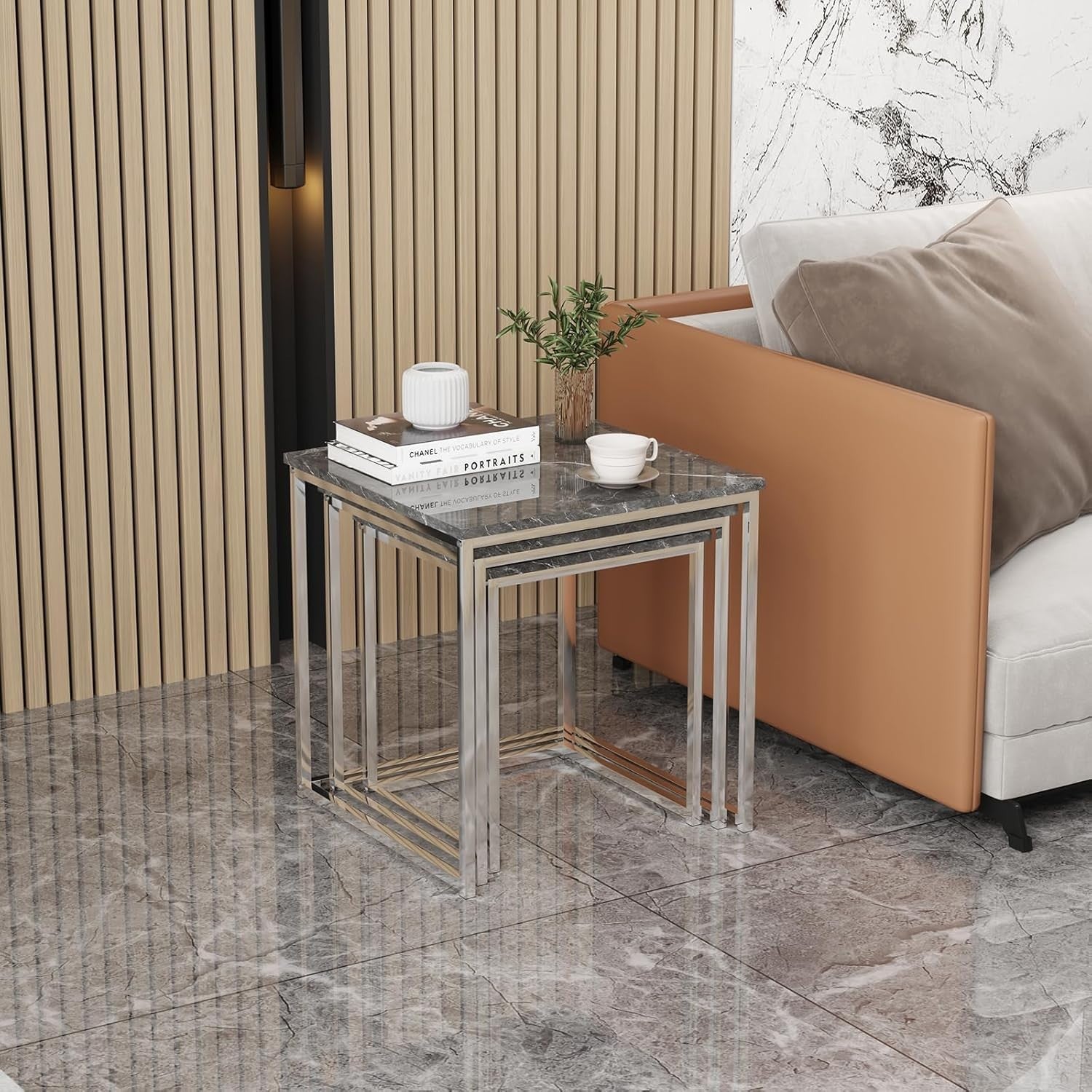 3 Nesting Coffee Side Tables Set Grey Marble Wood Square Space Saving Accent