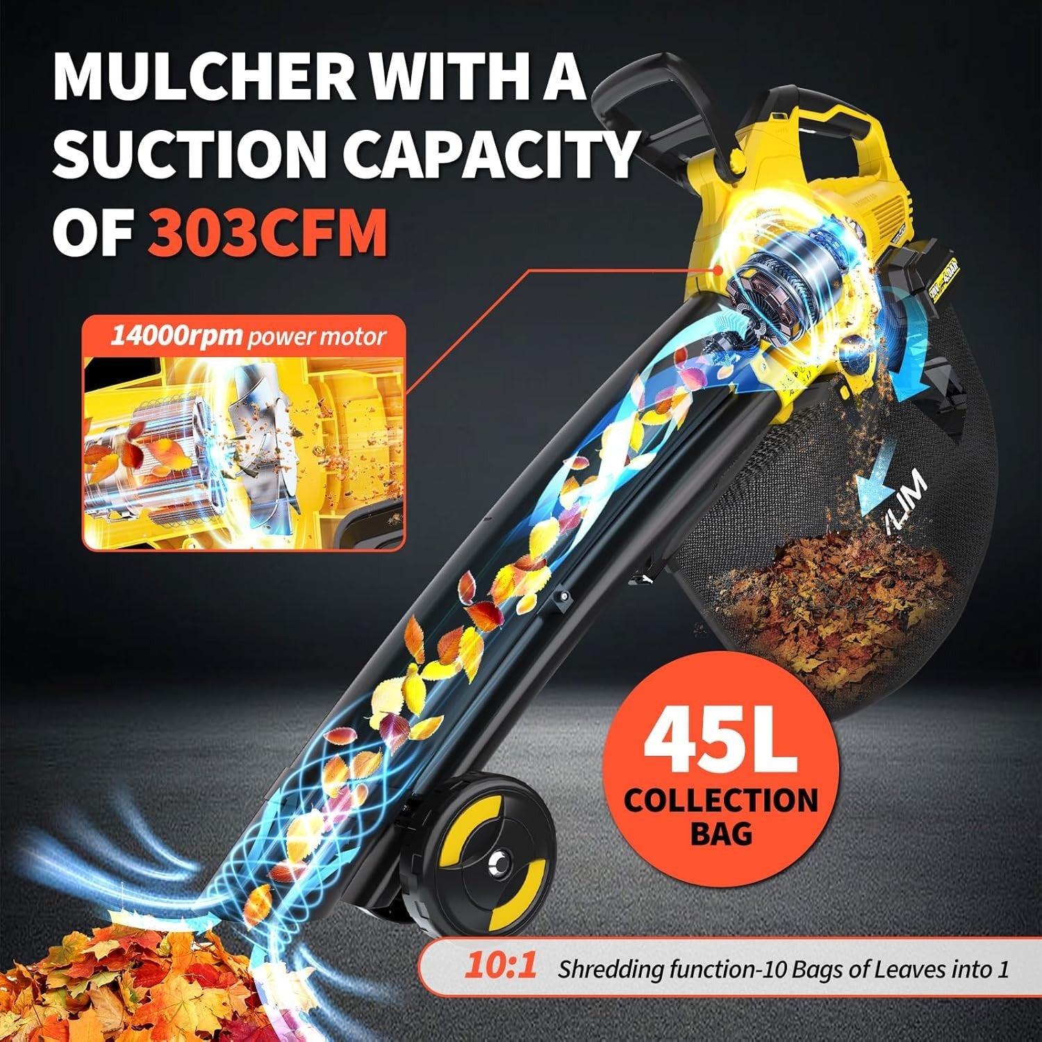 40V Cordless Leaf Blower Vacuum Mulcher 3-in-1 45L Bag Adjustable Speed