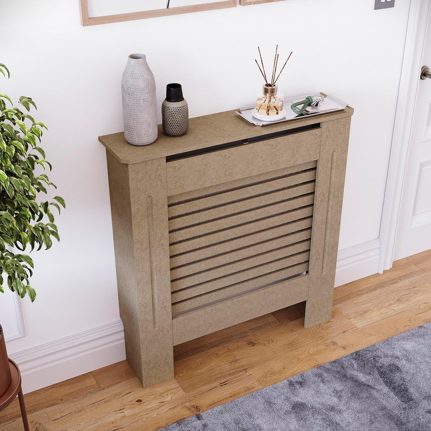 Small MDF Radiator Cover 78cm Unpainted Modern Slatted Heating Cabinet