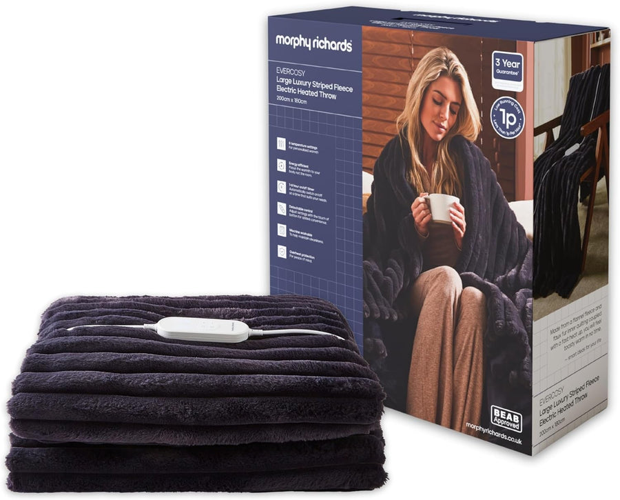 Electric Heated Throw Blanket 200x180cm Teddy Fleece 9 Heat Navy Striped