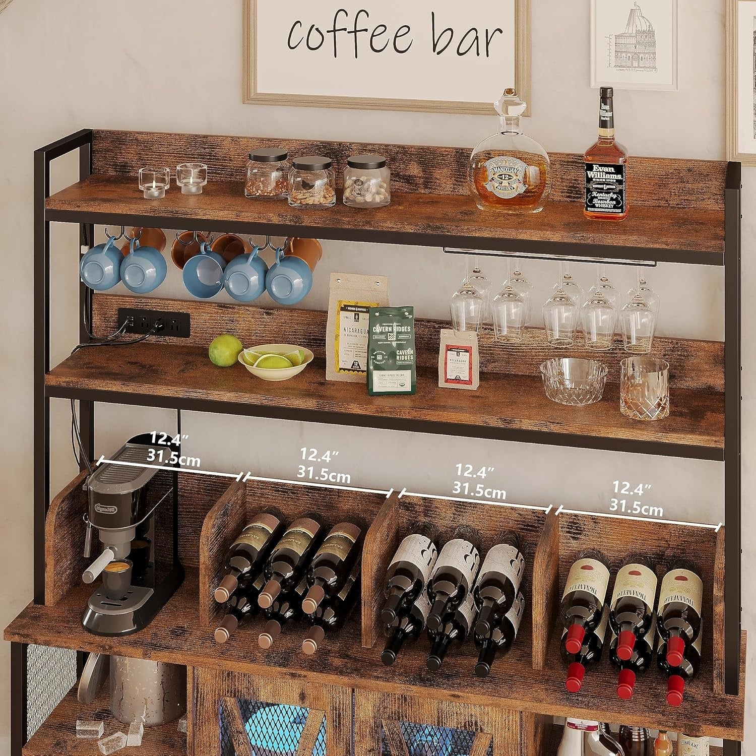 Industrial Bar Cabinet with LED Lights & Glass Rack, Large Buffet Storage Unit