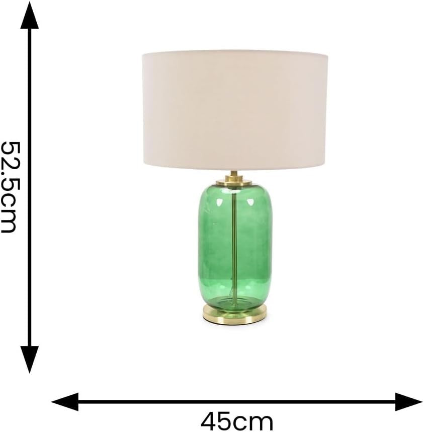 Forest Green Glass Table Lamp Gold Detail Natural Drum Shade LED Light