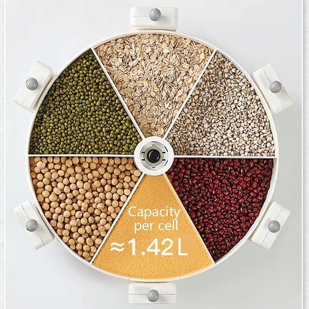 8.5L Wall Mounted Grain Dispenser 6 Grid Rotating Food Storage Box