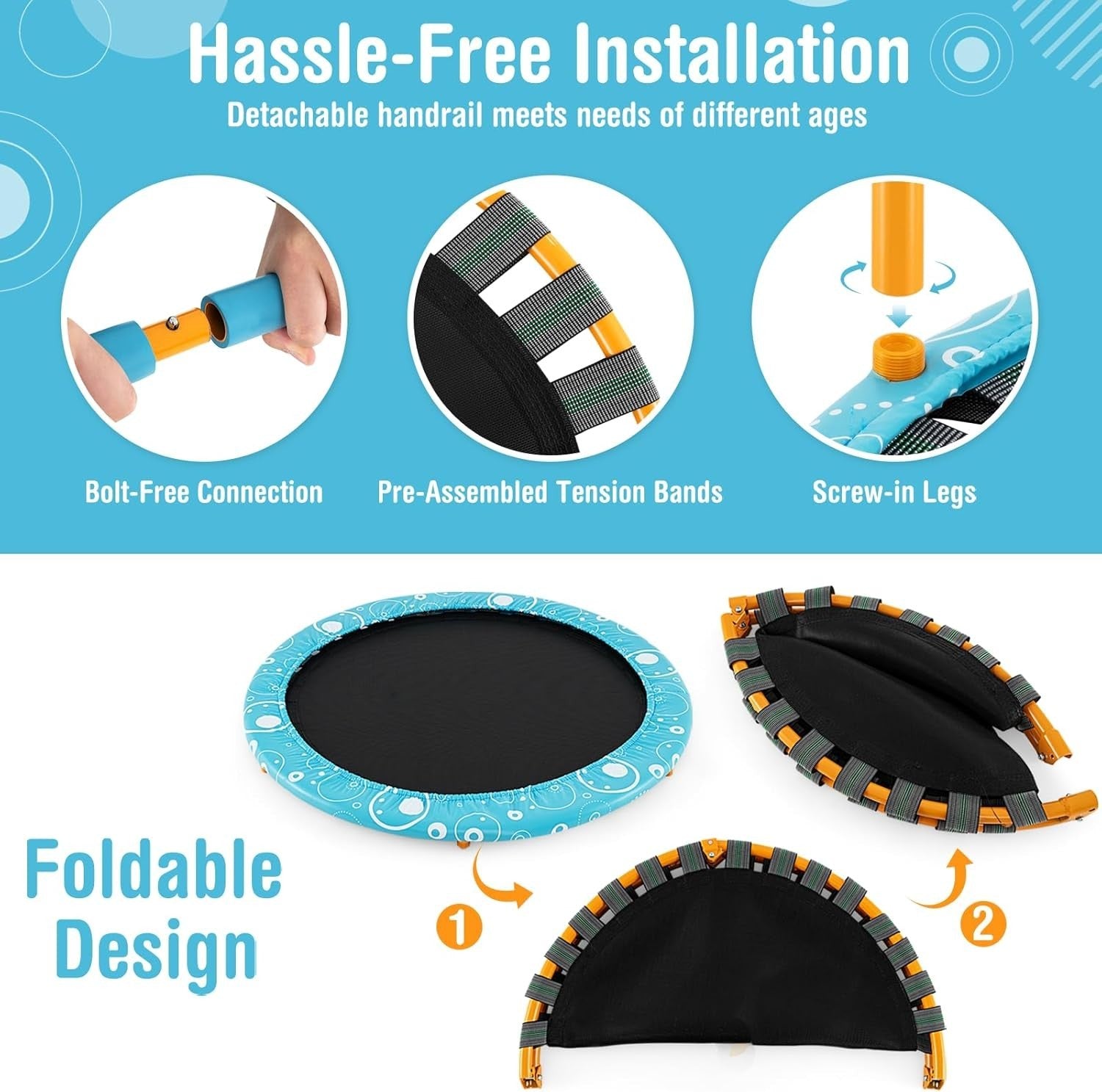 36'' Kids Mini Trampoline with Foam Handle Foldable Indoor Outdoor