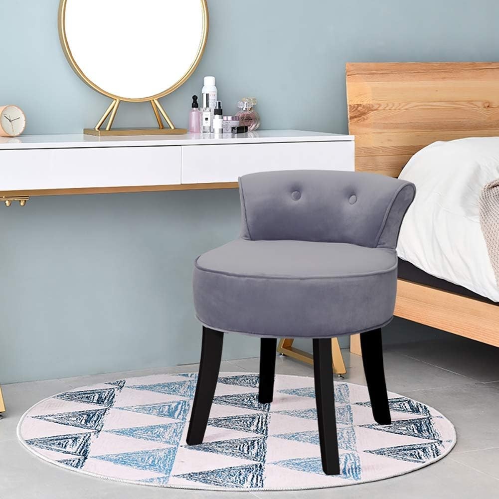 Light Grey Velvet Low Back Dressing Table Stool with Wooden Legs