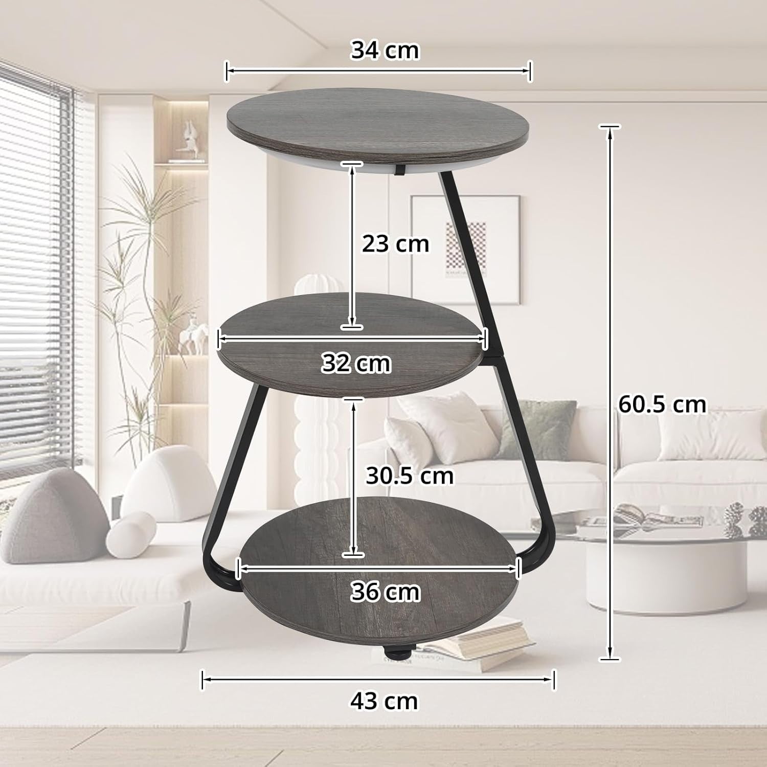 LED Bedside Side Table Grey – 3-Tier Round End Table with Storage & Lights