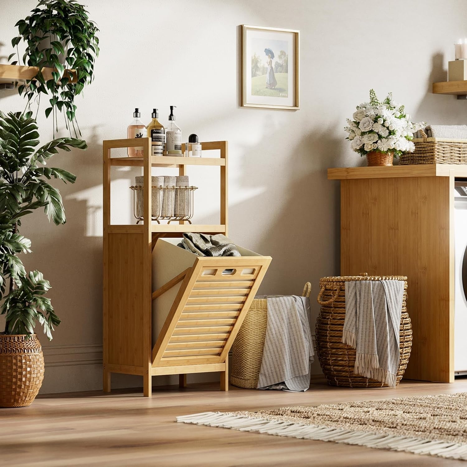 Bamboo Tilt-Out Laundry Hamper with Shelves, Foldable Bag, 30x40x100cm Organizer