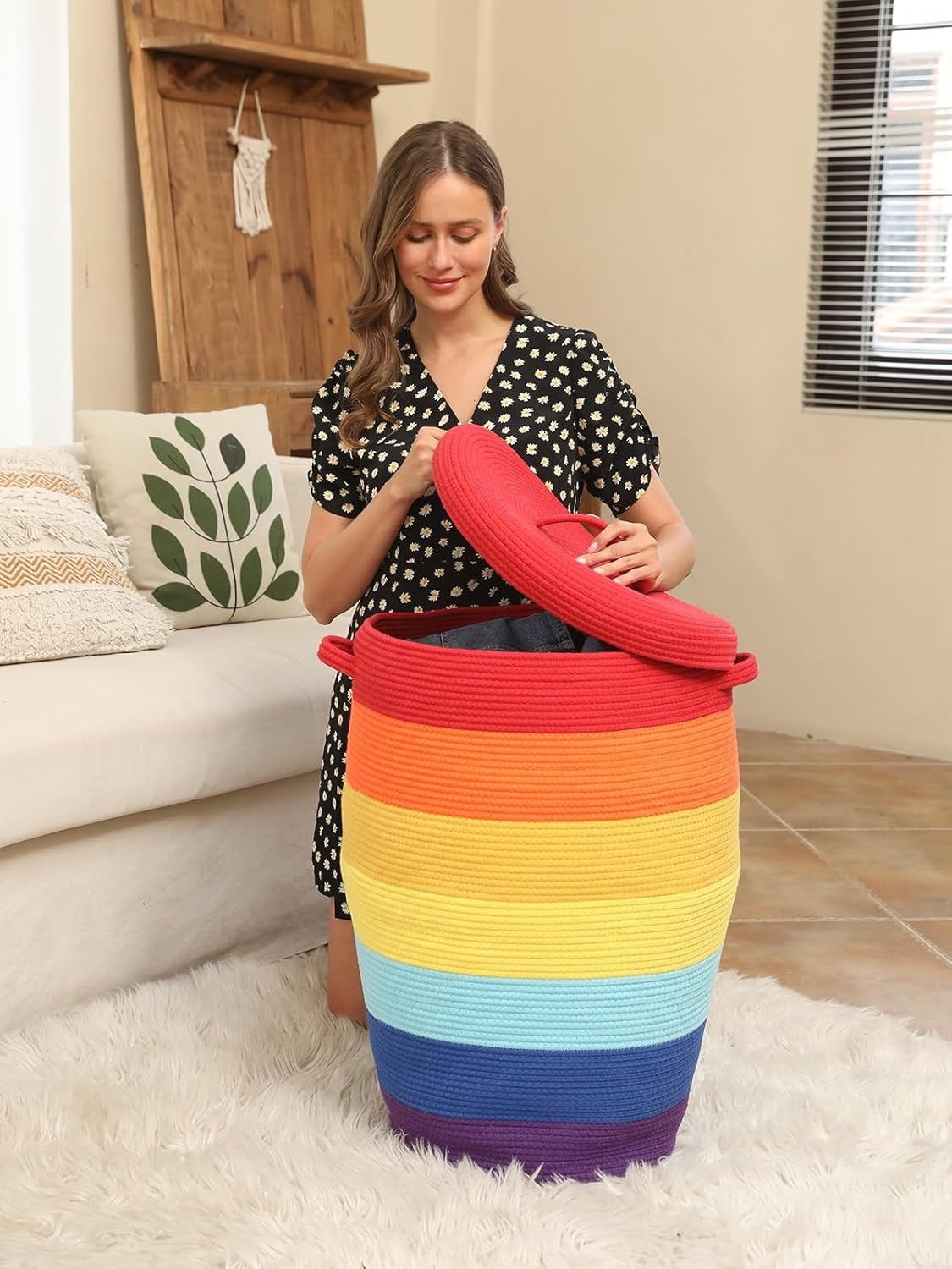 XL 26" Rainbow Cotton Rope Laundry Basket with Lid Large Woven Storage Hamper