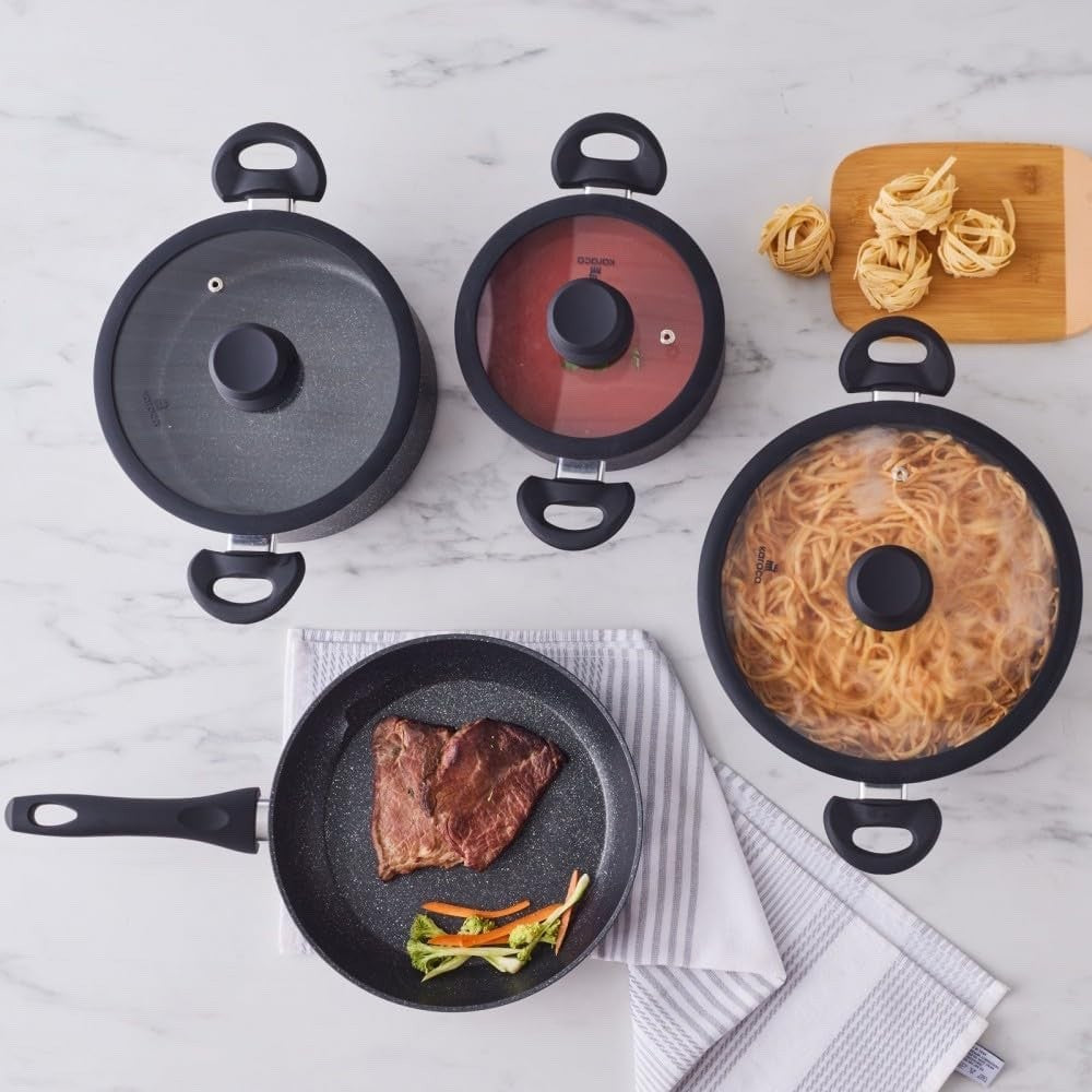 7pcs Black Nebula Granite Non-Stick Induction Cookware Set with Lid PFOA Free