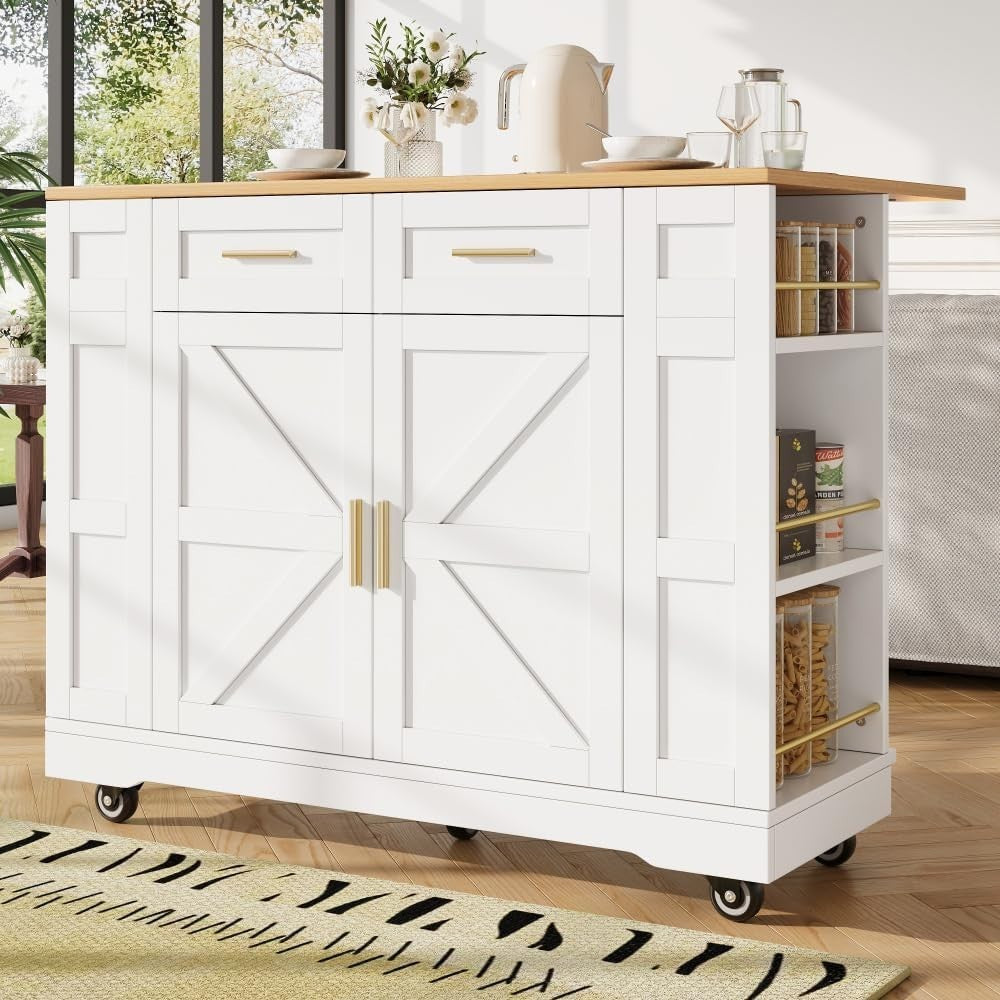 White Kitchen Island Cart with Foldable Worktop, 2 Drawers & Storage Racks