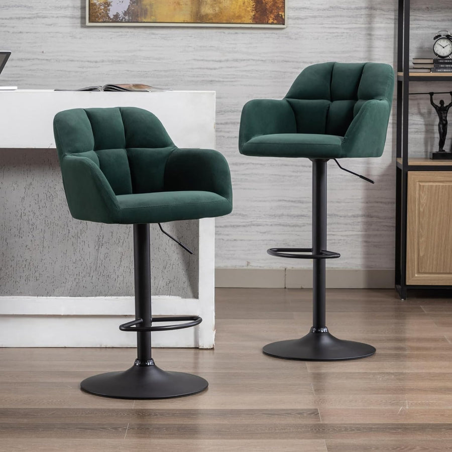 Set of 2 Green Velvet Swivel Bar Stools Adjustable Height Modern