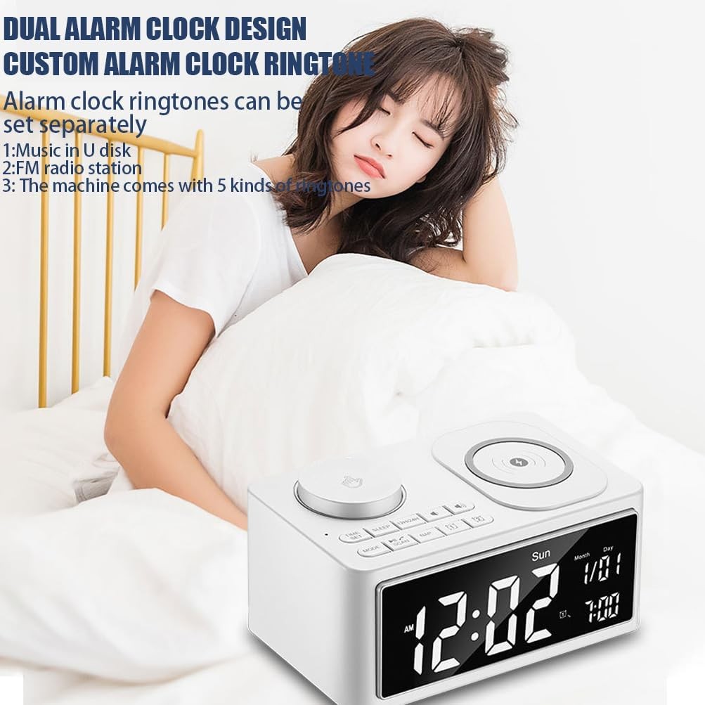 Wireless Charging Alarm Clock Bluetooth Speaker FM Radio Night Light