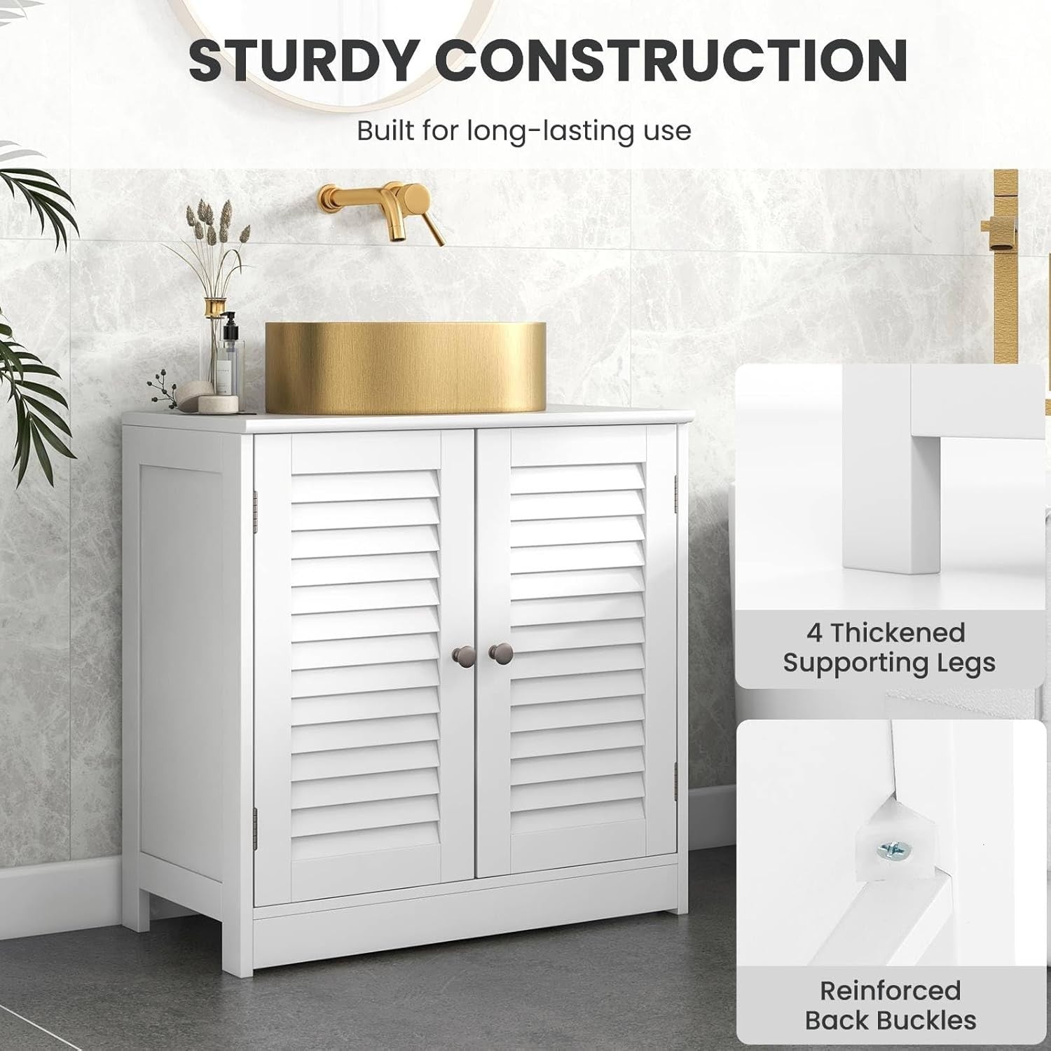 White Under Sink Bathroom Cabinet with Shutter Doors & Adjustable Storage Shelf