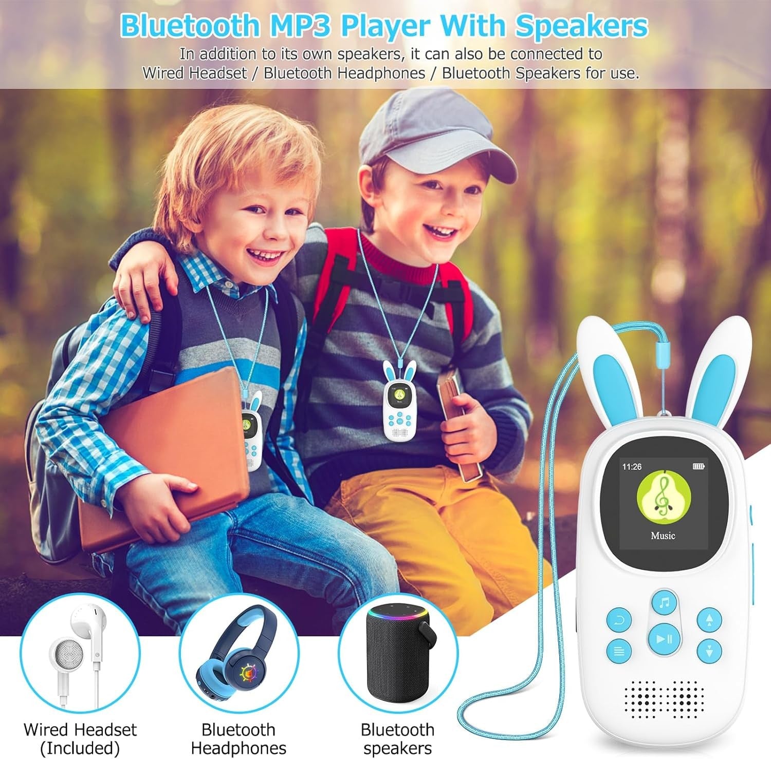 Kids MP3 Player 32GB Bluetooth FM Radio Alarm Pedometer Blue