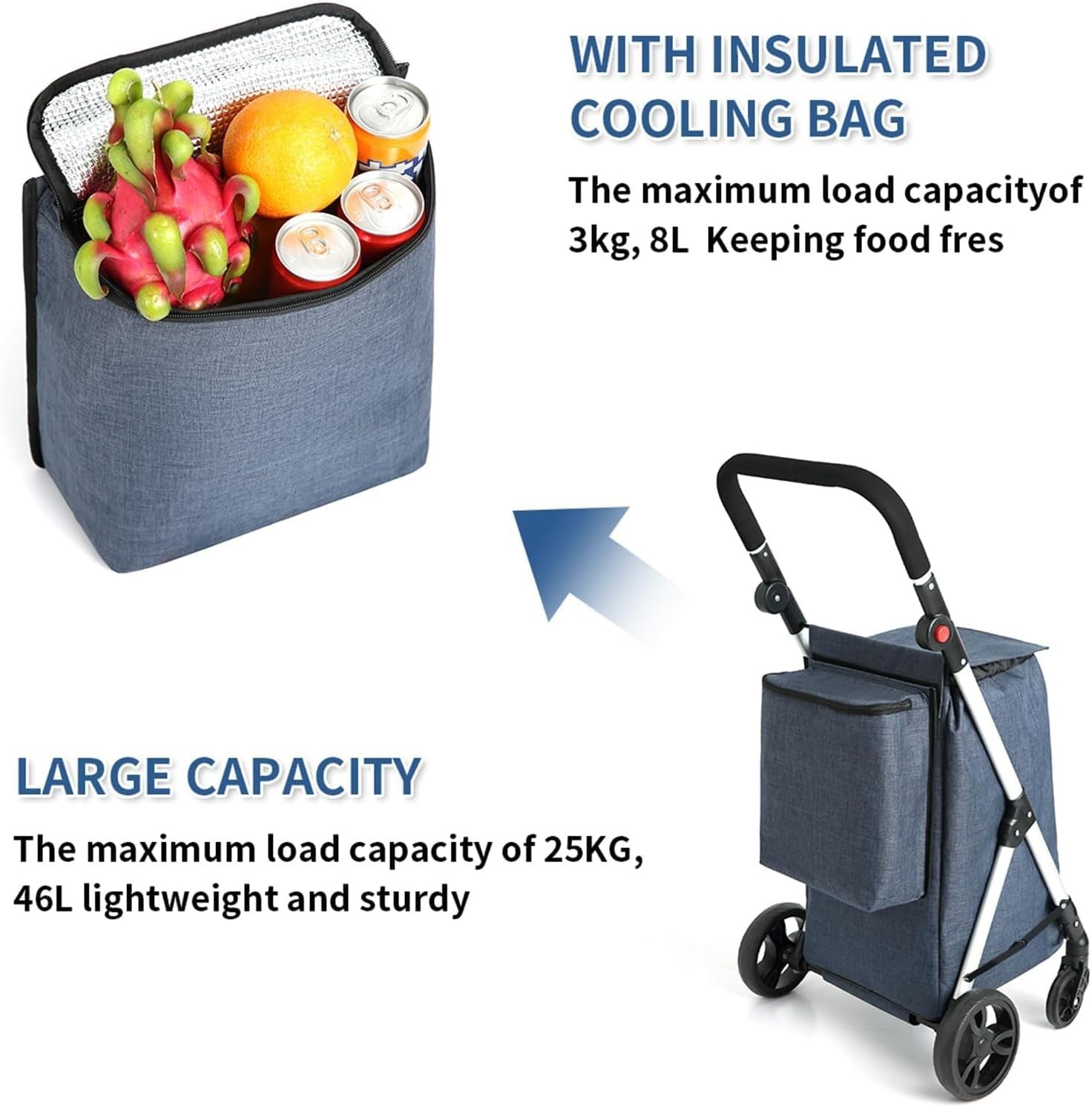 4 Wheel Grocery Shopping Trolley 46L | Foldable Aluminium Cart | Blue