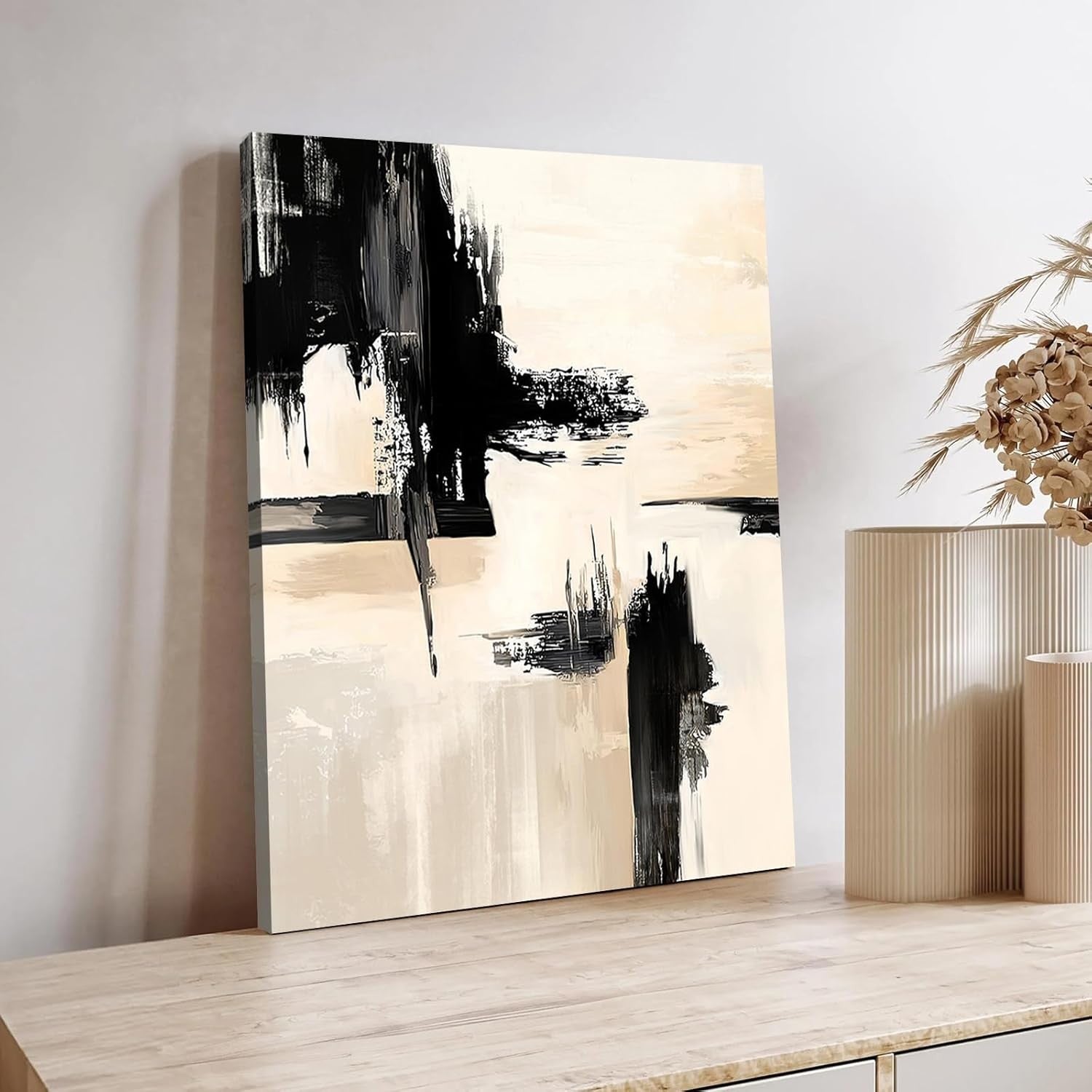 Abstract Black Beige Canvas Wall Art Framed 30x40cm Modern