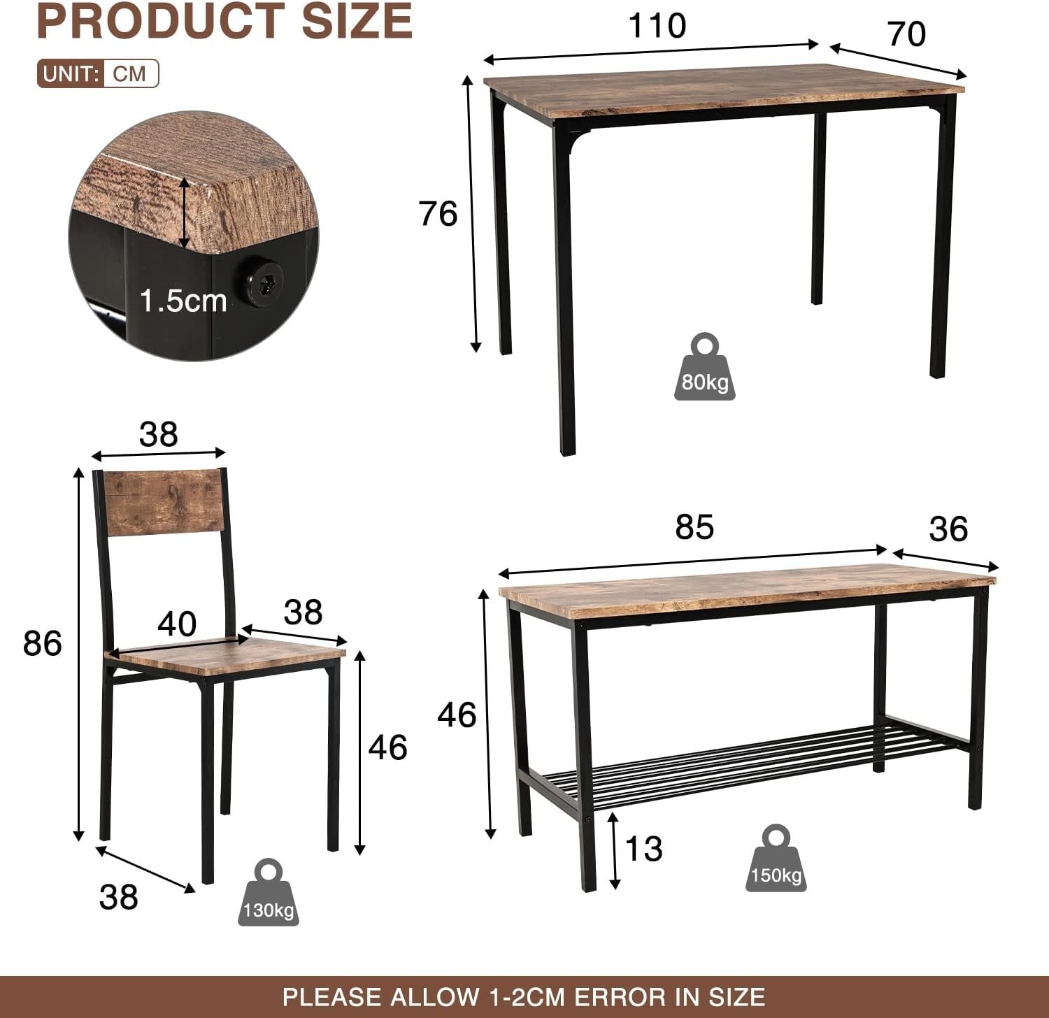 Rustic Dining Table Set with Bench & 2 Chairs – Space-Saving Kitchen Furniture