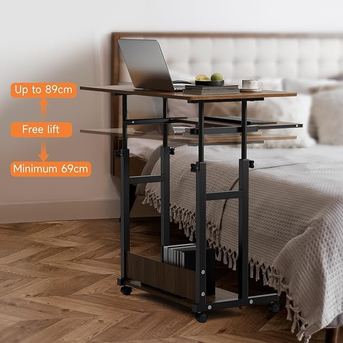 Mobile Computer Desk Adjustable Height Laptop Table with Wheels 80x45cm Brown