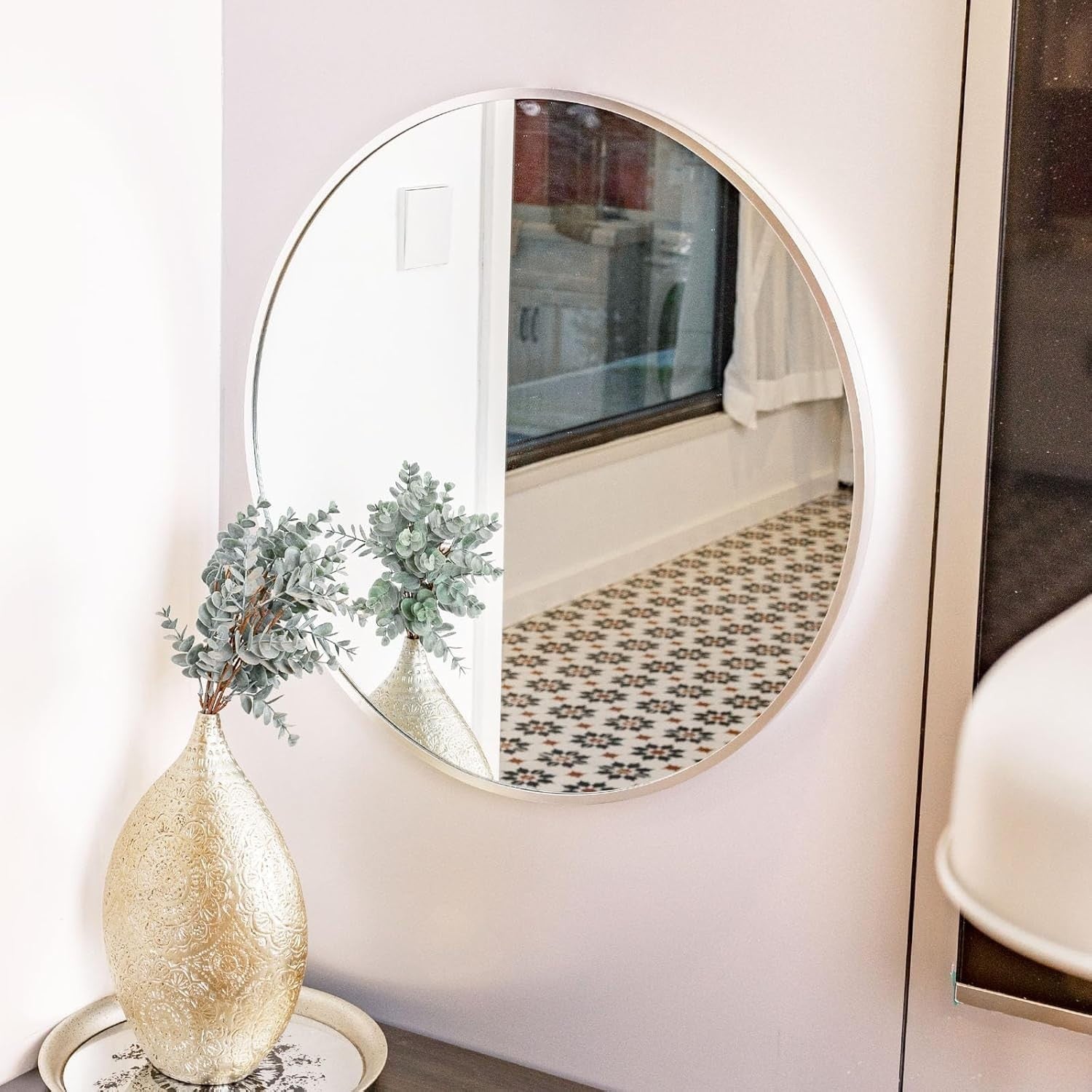 Silver Round Wall Mirror 76x76 cm Metal Frame for Bathroom & Living Room