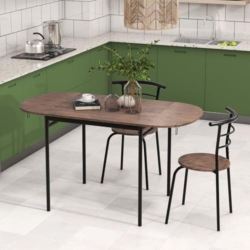 3PCS Folding Dining Table Set Rustic Brown Drop Leaf Chairs Space-Saving