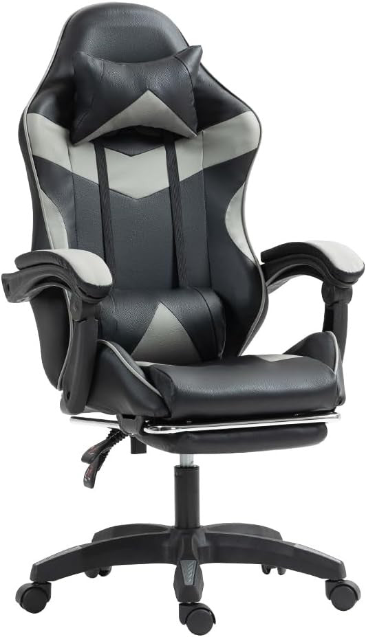 Reclining Gaming Chair w/ Footrest Swivel Gas Lift Grey