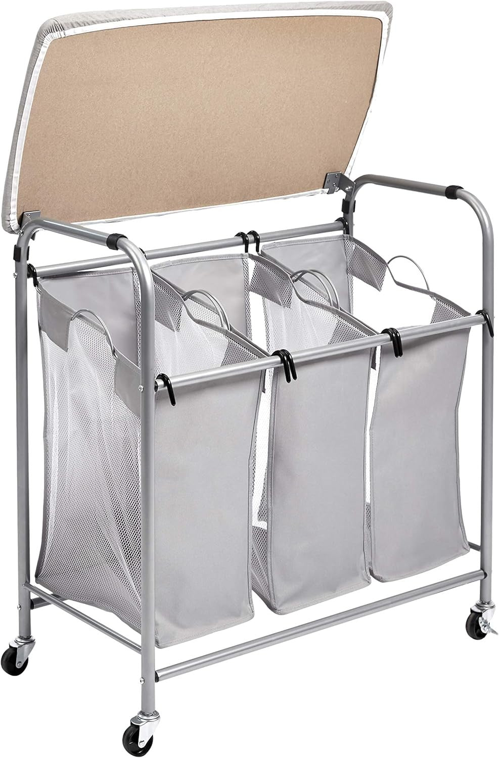 Laundry Sorter with Ironing Board 3 Bag Hamper Rolling Storage Unit