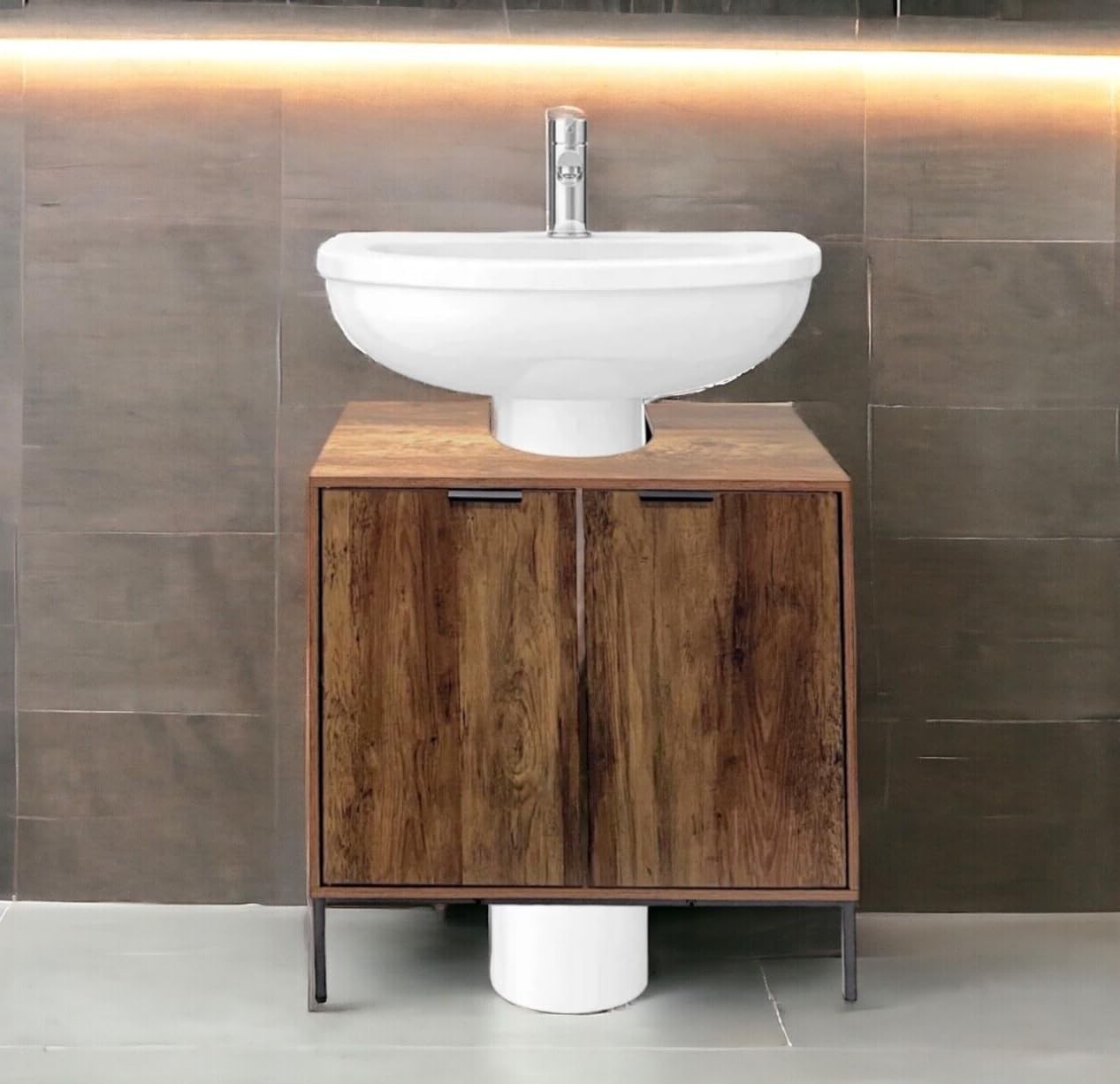 Rustic Oak Under Sink Bathroom Cabinet with Double Doors & Storage Shelf