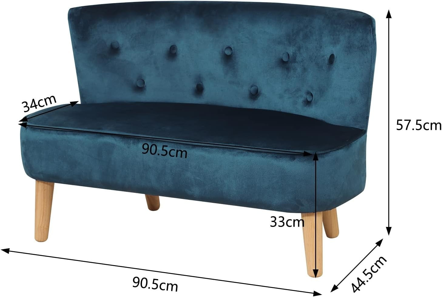 Blue Velvet Kids Sofa, 2-Seater Play Couch for Toddlers, Compact 90.5x44.5x57.5c