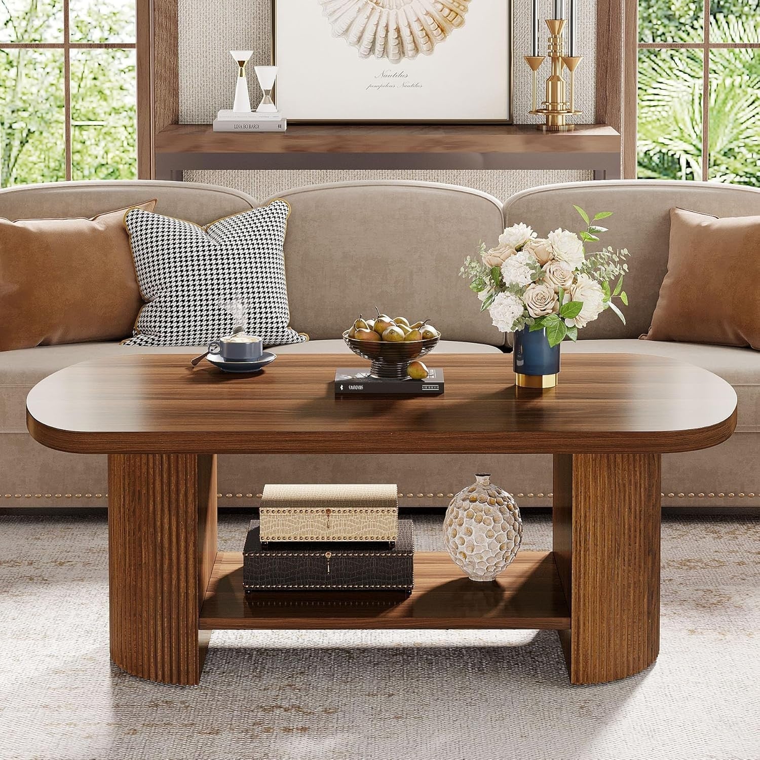 Oval 2-Tier Coffee Table with Storage Shelf, Mid-Century Rustic Brown 115cm