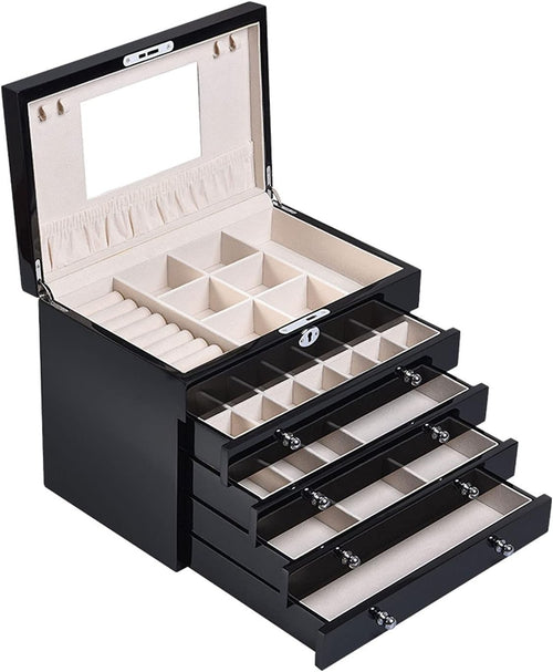 Large Wooden Jewelry Box Armoire Lockable 5 Tier Organizer Velvet Lined