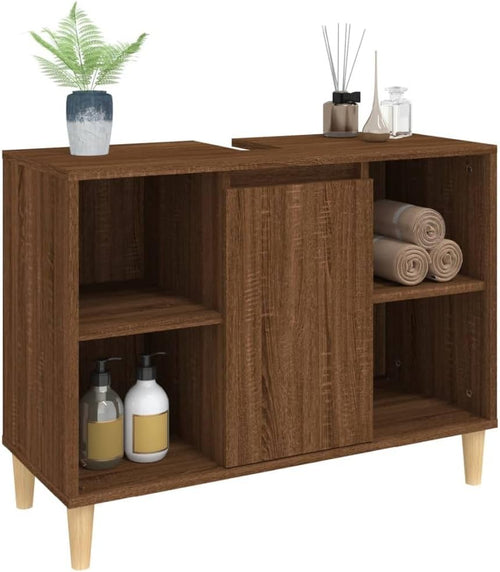 Brown Oak Bathroom Sink Cabinet with Storage Shelves – Nordic Vanity Unit 80cm