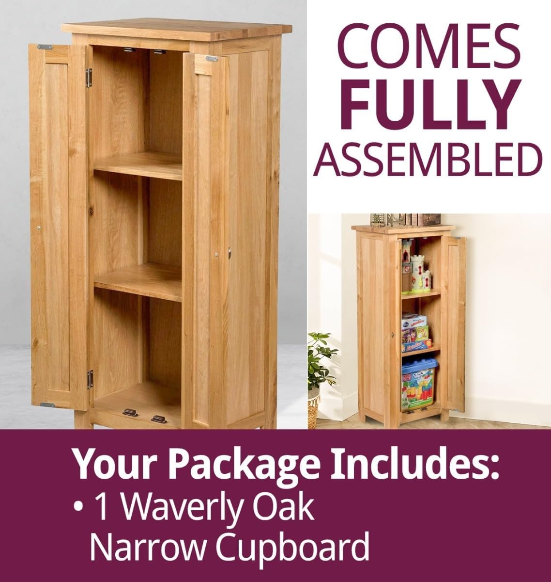 Narrow Oak Storage Cabinet 2 Door Cupboard | Adjustable Shelves Solid Wood Unit