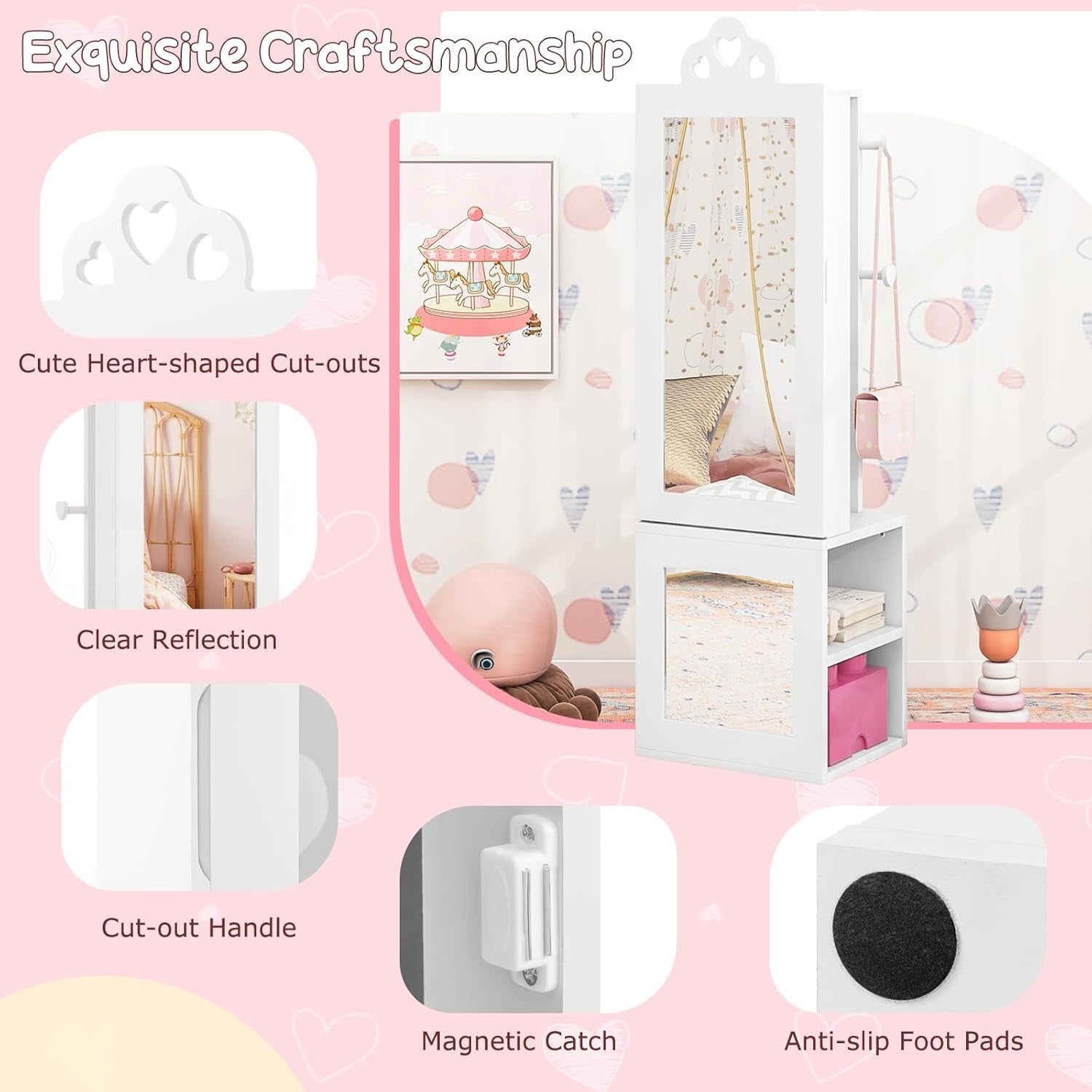 Kids Jewelry Cabinet Mirror Organizer with Clothes Rack Storage Shelves