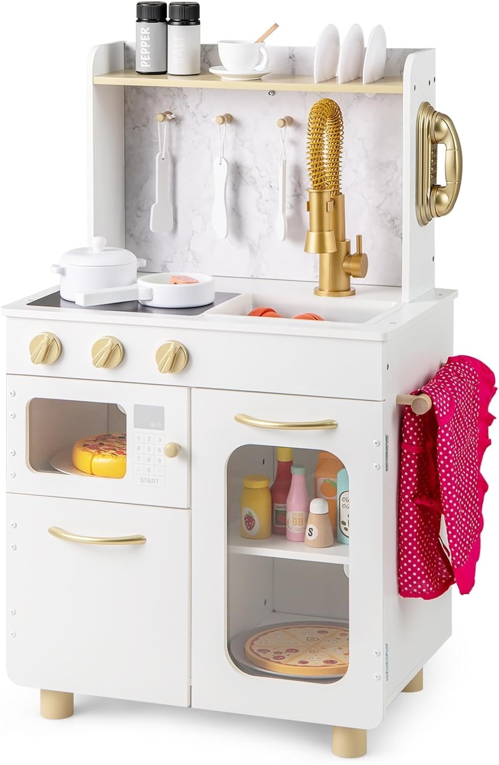 Wooden Kids Play Kitchen White Toy Set Microwave Oven Telephone