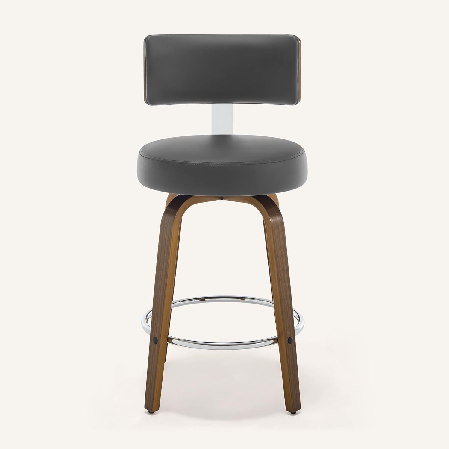 Gray Round PU Leather Swivel Bar Stools Set of 2 | Wooden Counter Chairs