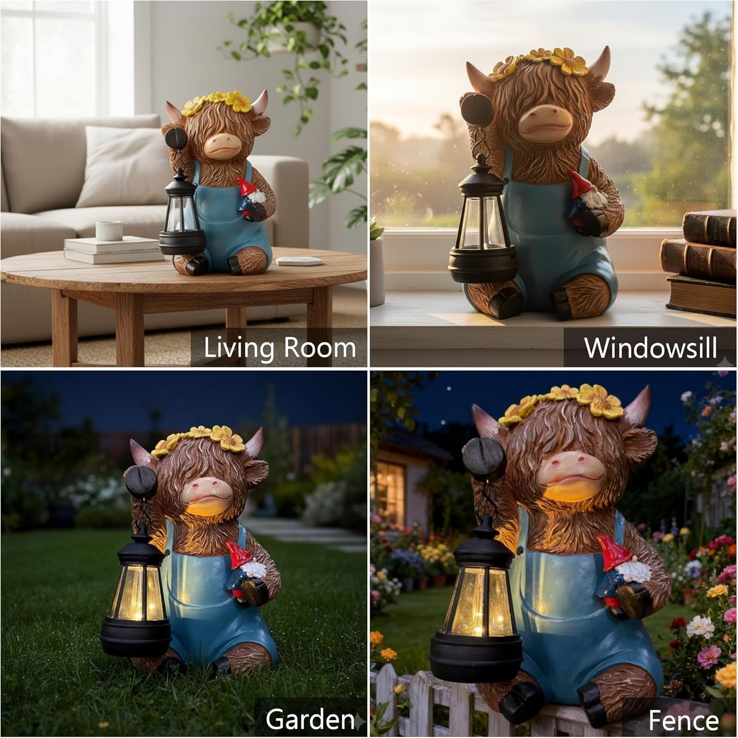 Solar Highland Cow Garden Ornament Statue with Lantern & Gnome Outdoor Yard