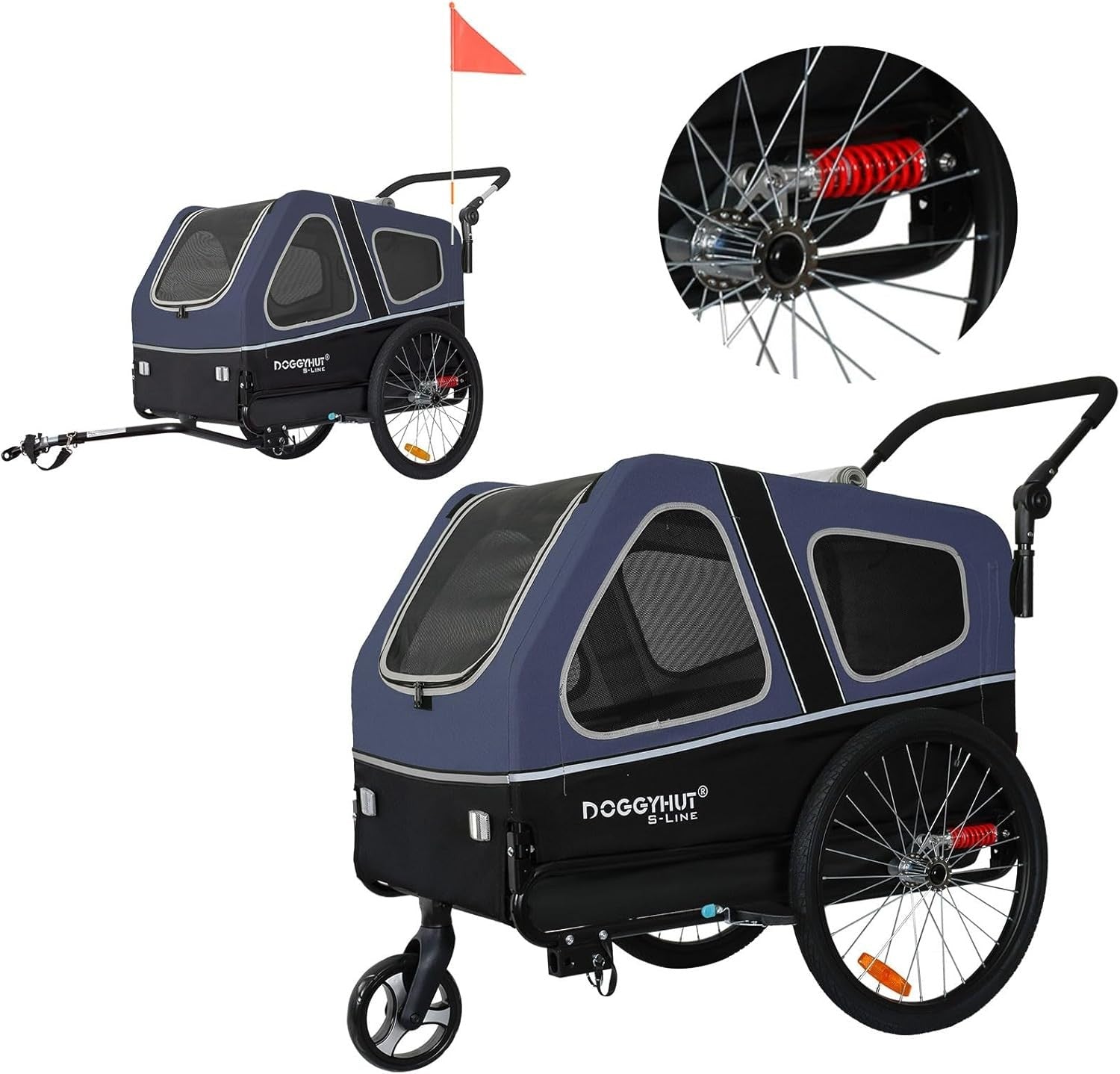 Dog Bike Trailer Stroller 45kg Folding Suspension Cart Blue Black with Brakes