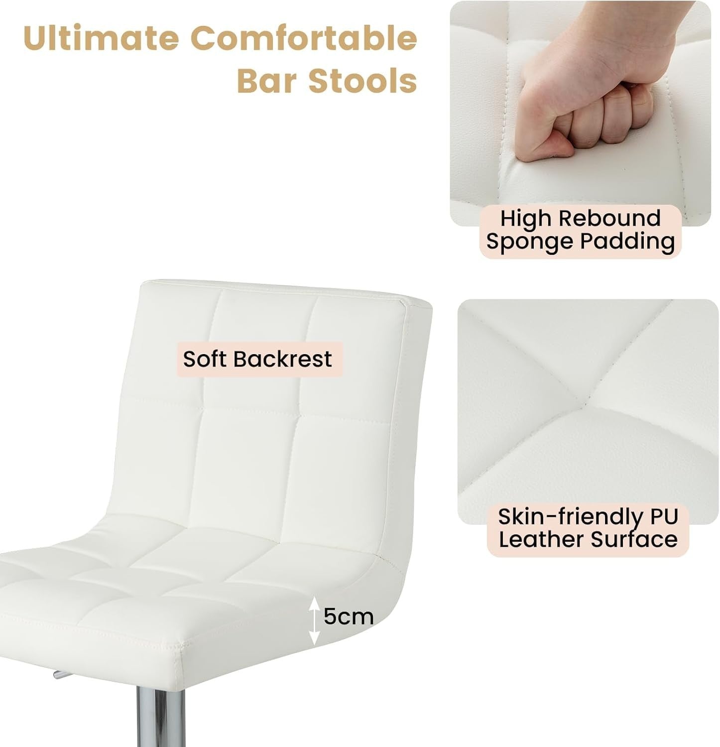 Set of 2 Adjustable White PU Leather Bar Stools with Swivel & Footrest