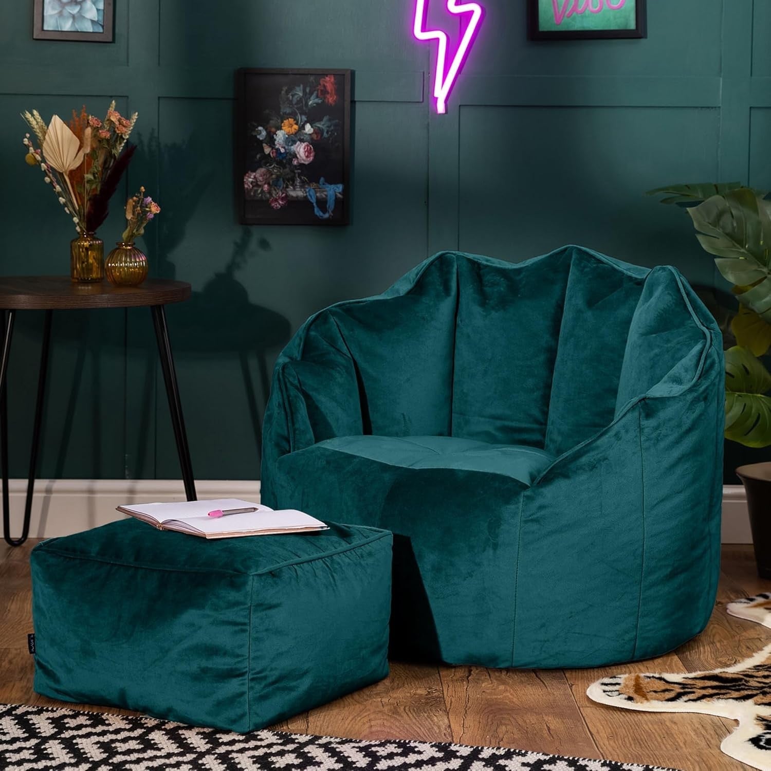 Teal Velvet Bean Bag Chair & Footstool Set Adult Lounge Sofa Seat