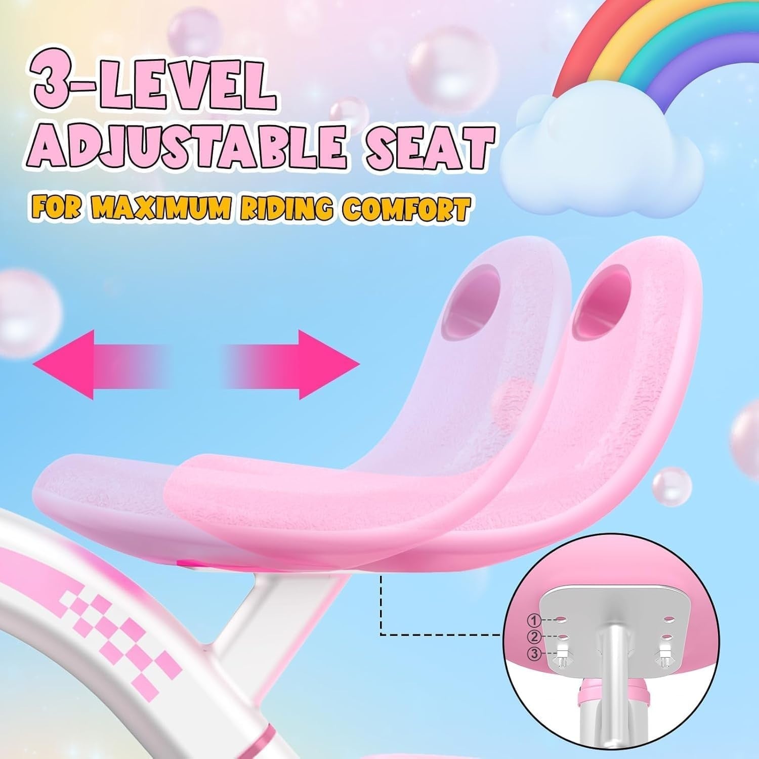 Girls Tricycle Balance Bike LED Light Wheels Adjustable Seat Pink 2-5Y