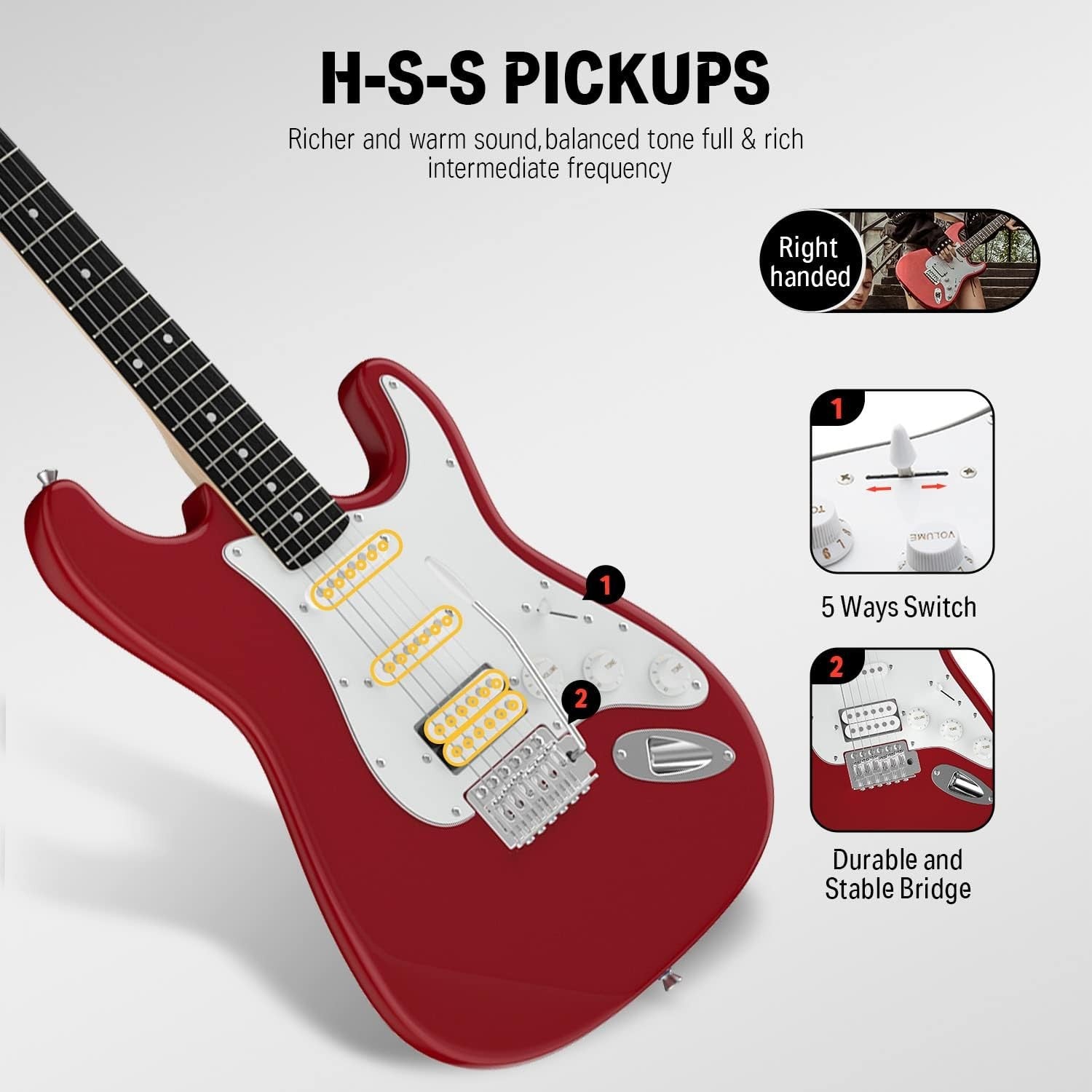 39in Electric Guitar Starter Kit HSS Red w Amp & Bag