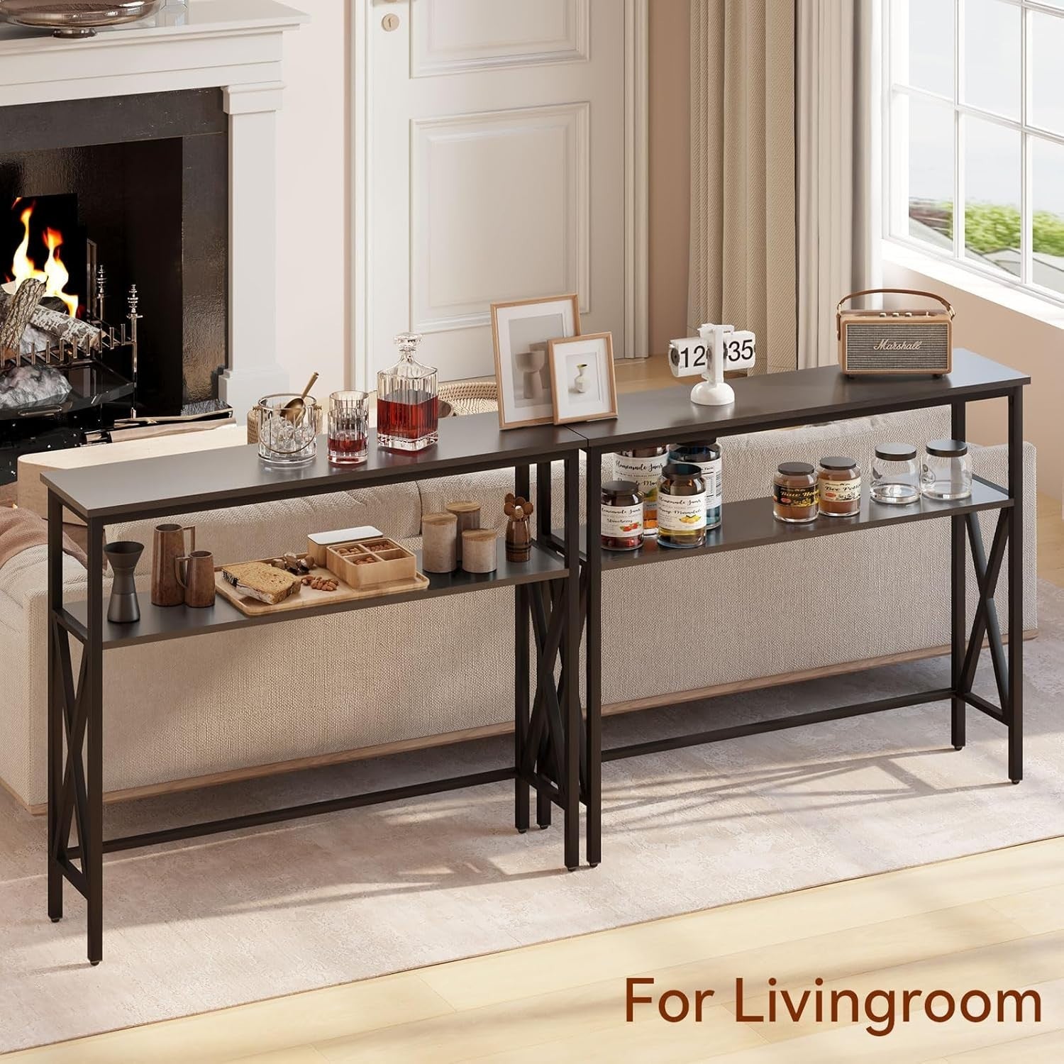 Industrial Console Table with Adjustable Feet, Metal Frame & Shelves for Small