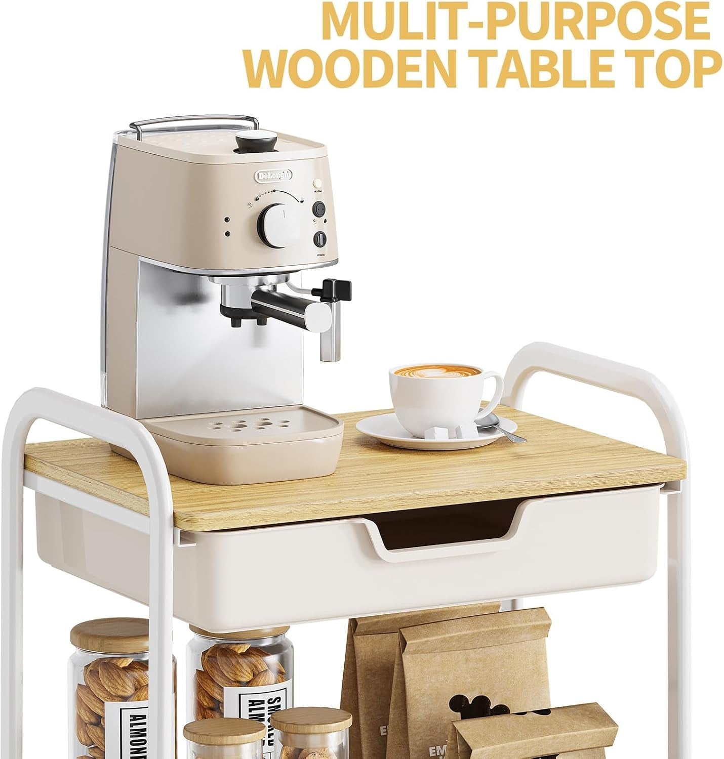 3 Tier Storage Trolley on Wheels with Drawer Wooden Top Kitchen Organizer