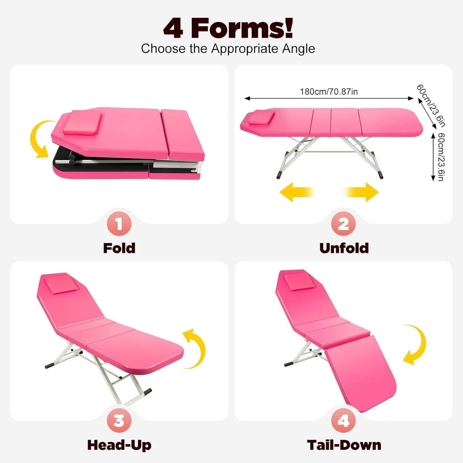 Foldable 3-Section Portable Massage Table Beauty Spa Bed Pink 60cm Width
