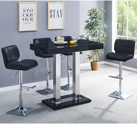 Black High Gloss Bar Table Stainless Steel Legs Rectangular Modern Counter