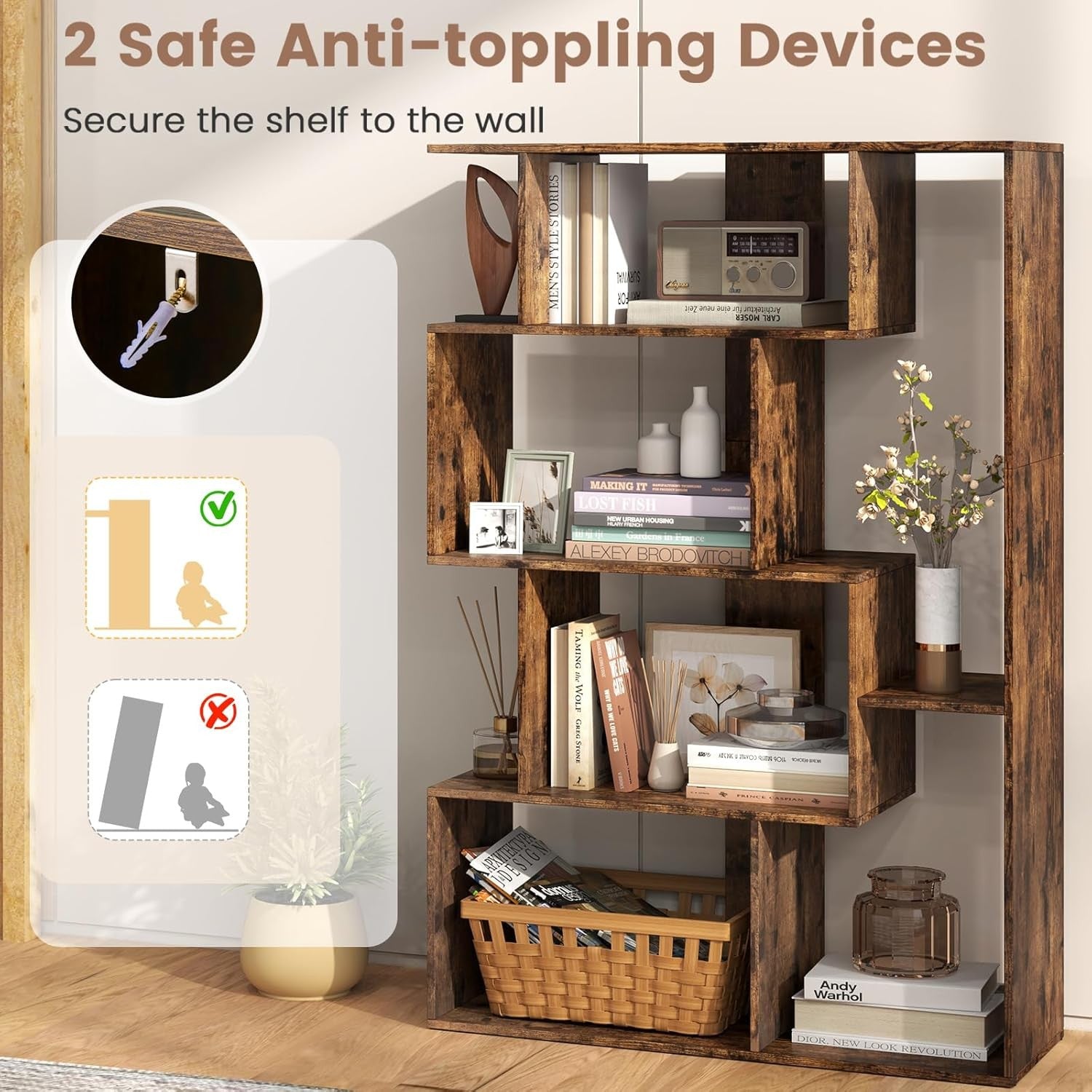 6-Cube Modern Bookshelf Freestanding Storage Unit with Anti-Tipping & Foot Pads
