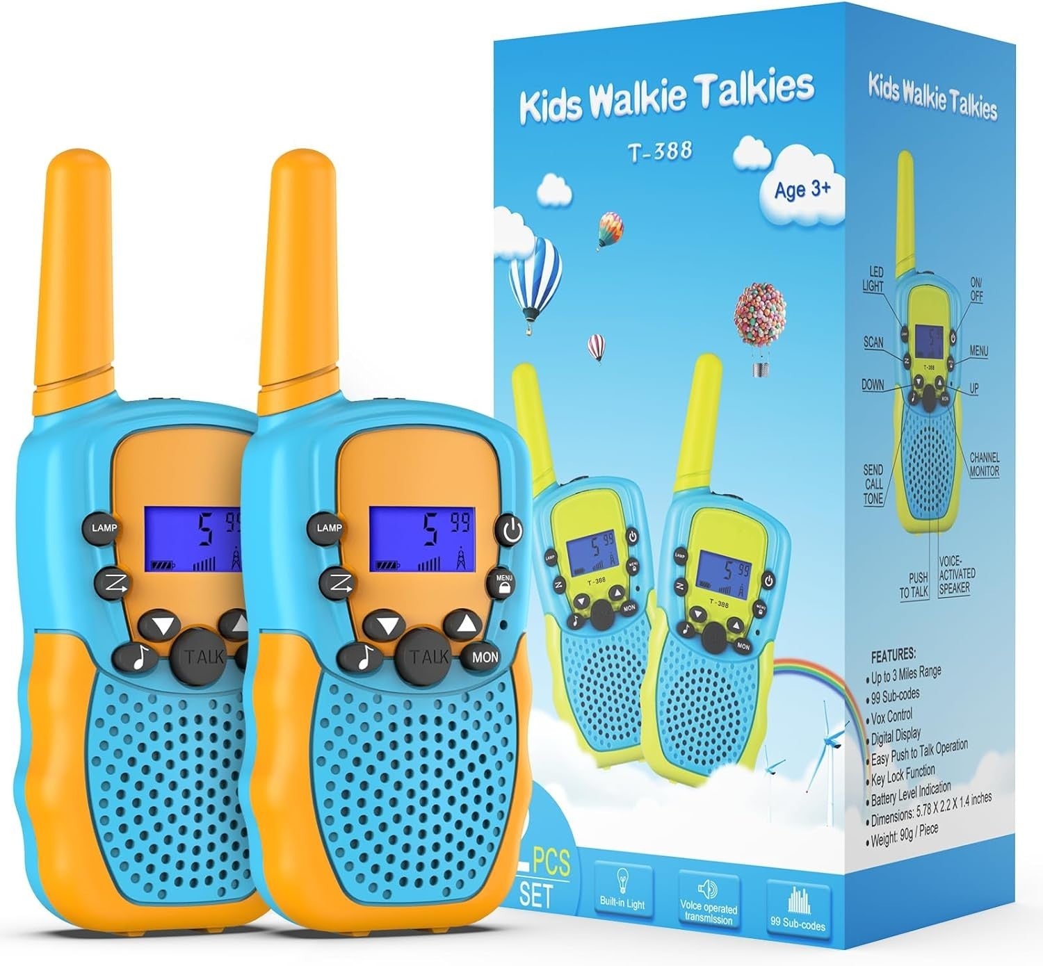 Kids Walkie Talkies 2 Pack 8 Channel 3 Mile LCD Flashlight Toy