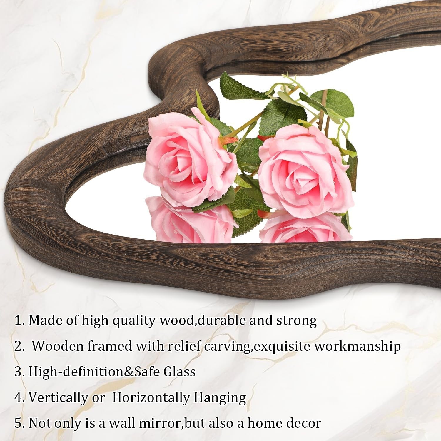 Large 80x60cm Irregular Wall Mirror Vintage Wood Frame for Bedroom Hall