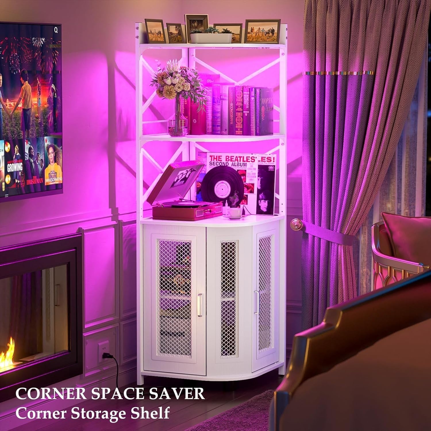 Corner Bar Cabinet with LED Lights & Power Outlets, 5-Tier Liquor Display Unit