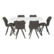 6 Seat Grey Dining Set | White Marble Table & Upholstered Chairs Modern